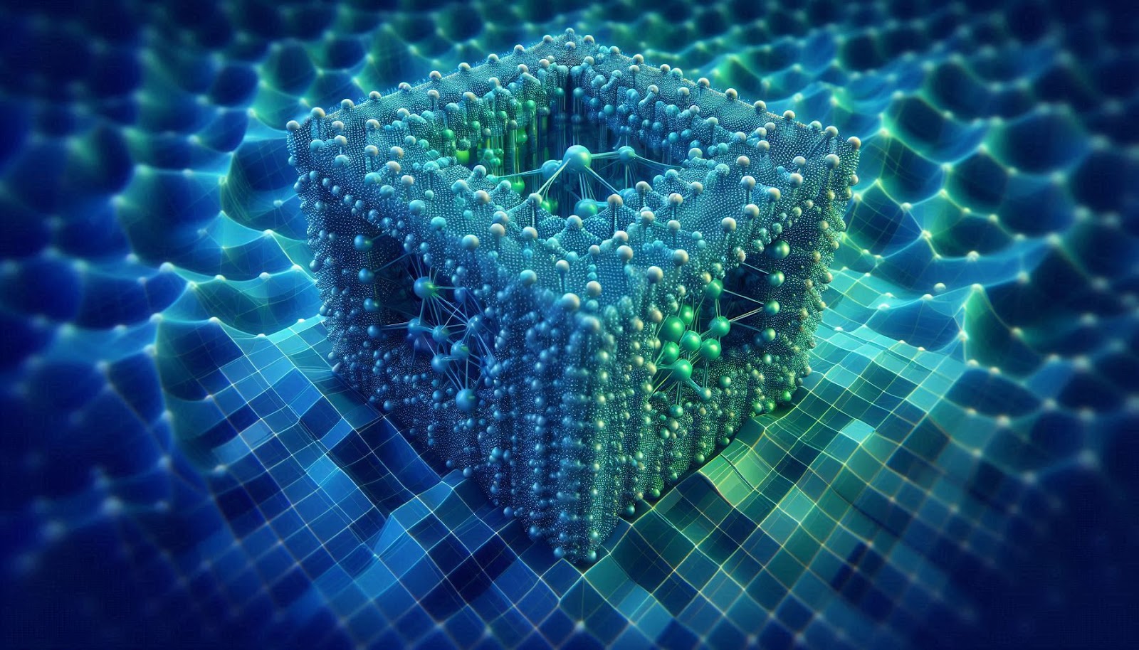 Visual representation of quantum computing's impact on materials science, showing material structures and simulations.