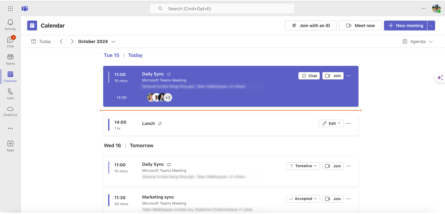 Checking the Agenda view in Microsoft Teams.