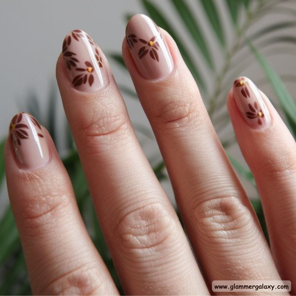 Short Fall Nail having Brown Floral Nail Art
