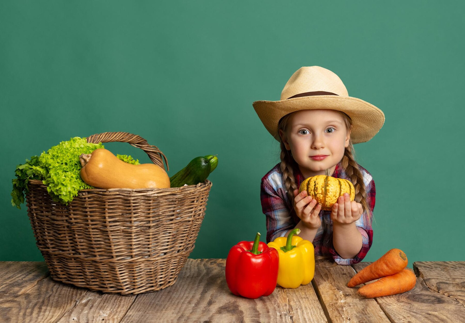 A little girl posing with different vegetables