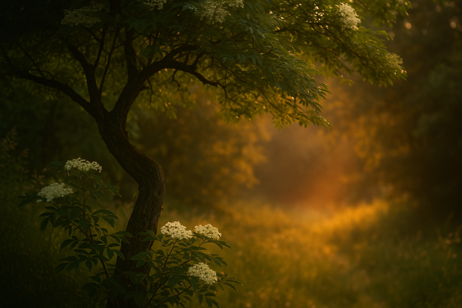 Ein blühender Holunderbaum im goldenen Abendlicht an einem Waldrand. Quelle: Chat GPT