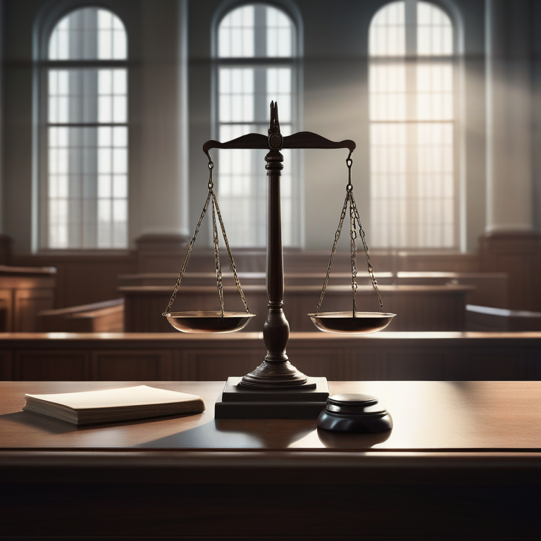 A courtroom scene with a scale and gavel symbolizing justice in wrongful death cases, under soft sunlight.