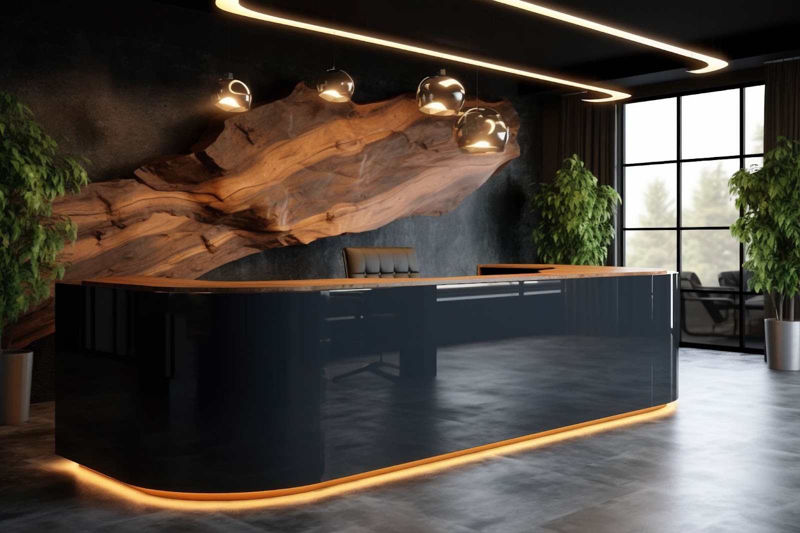 Curved fiberboard reception desk design in Bangalore office by Elegante Interiors