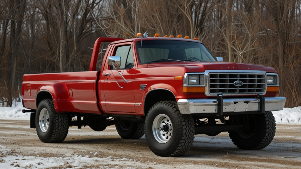 1987 Red Ford Lifted Dually Snow Truck Stake Bed