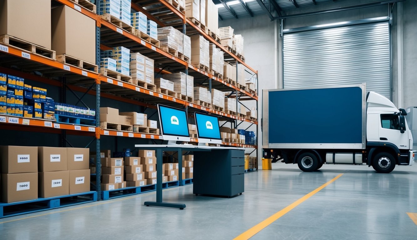 A warehouse with labeled shelves of various product categories, a computer station for managing returns, and a delivery truck outside