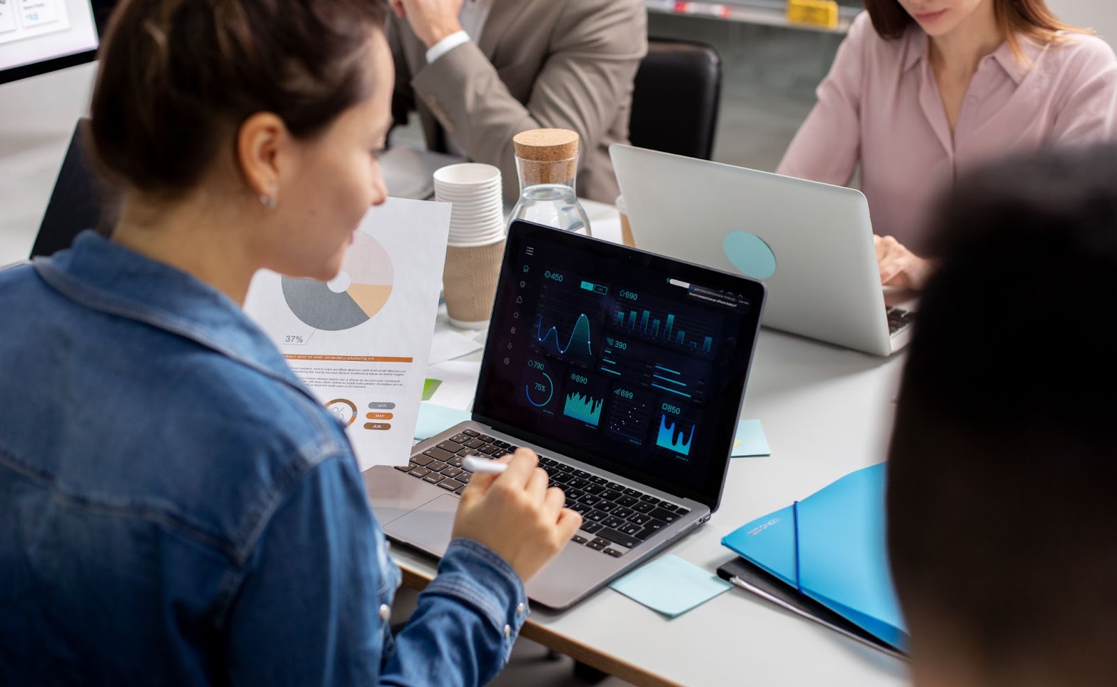 Business professionals analyzing data dashboards on laptops during a team meeting, with charts and performance metrics displayed on the screen.