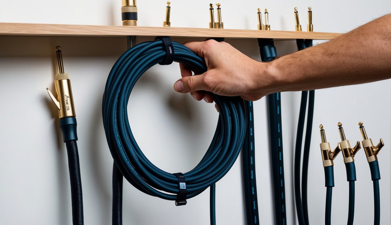 A hand reaching for a coiled guitar instrument cable, with various cable lengths displayed on a shelf for comparison