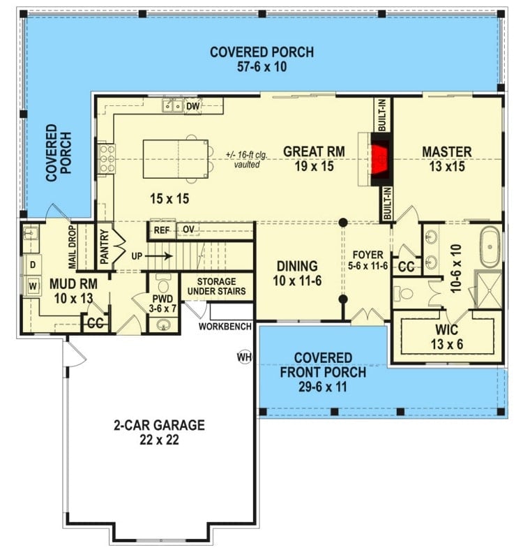 Main level floor plan of a 3-bedroom two-story country home with front and rear porches, foyer, formal dining room, great room, kitchen, primary suite, and a mudroom leading to the garage.
