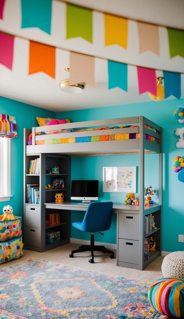 A loft bed with built-in storage and a desk underneath, surrounded by colorful decor and toys