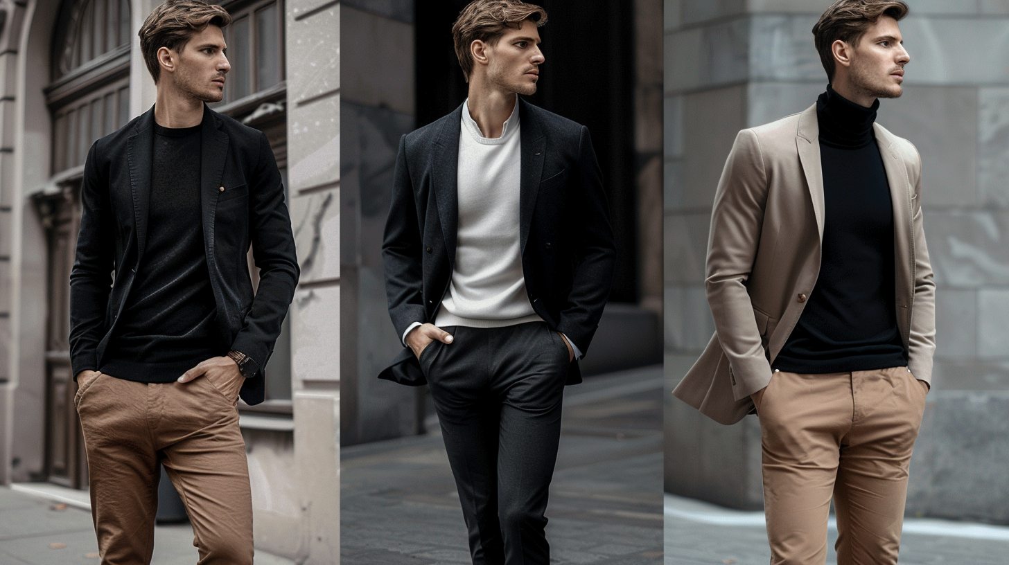 A man wearing a black suit jacket styled three ways in a single frame: (1) with dark jeans and white sneakers for a casual night out, (2) with tan chinos and a crewneck T-shirt for a daytime smart-casual look, (3) with a black turtleneck and slim trousers for a minimalist modern vibe. Neutral background, stylish and clean visuals, sharp yet relaxed feel.