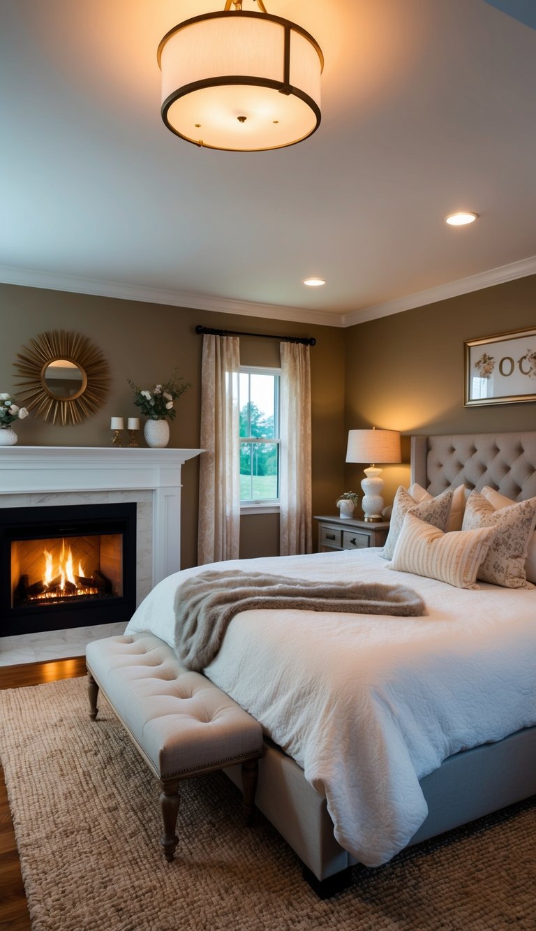 A cozy master bedroom with a crackling fireplace, adorned with romantic decor and soft lighting for a warm and inviting atmosphere