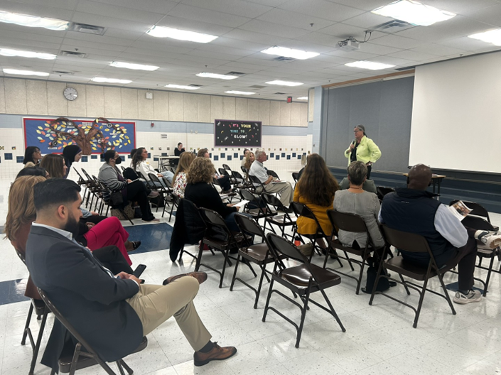 Dr. Reid speaking at an Employee Conversation at Laurel Ridge Elementary. 