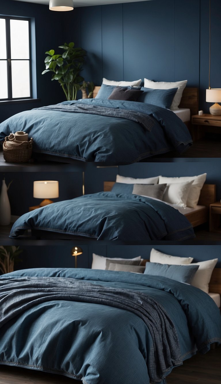 A denim bed frame sits in a cozy, dark blue bedroom. The room is adorned with 23 different ideas for decor and design