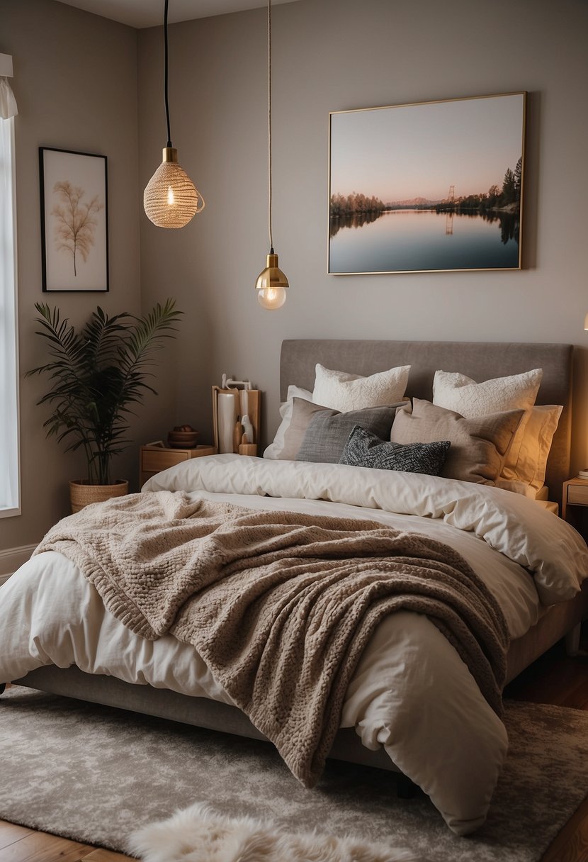 A cozy bedroom with a DIY wall art display. Neutral color palette, textured fabrics, and warm lighting create a peaceful atmosphere