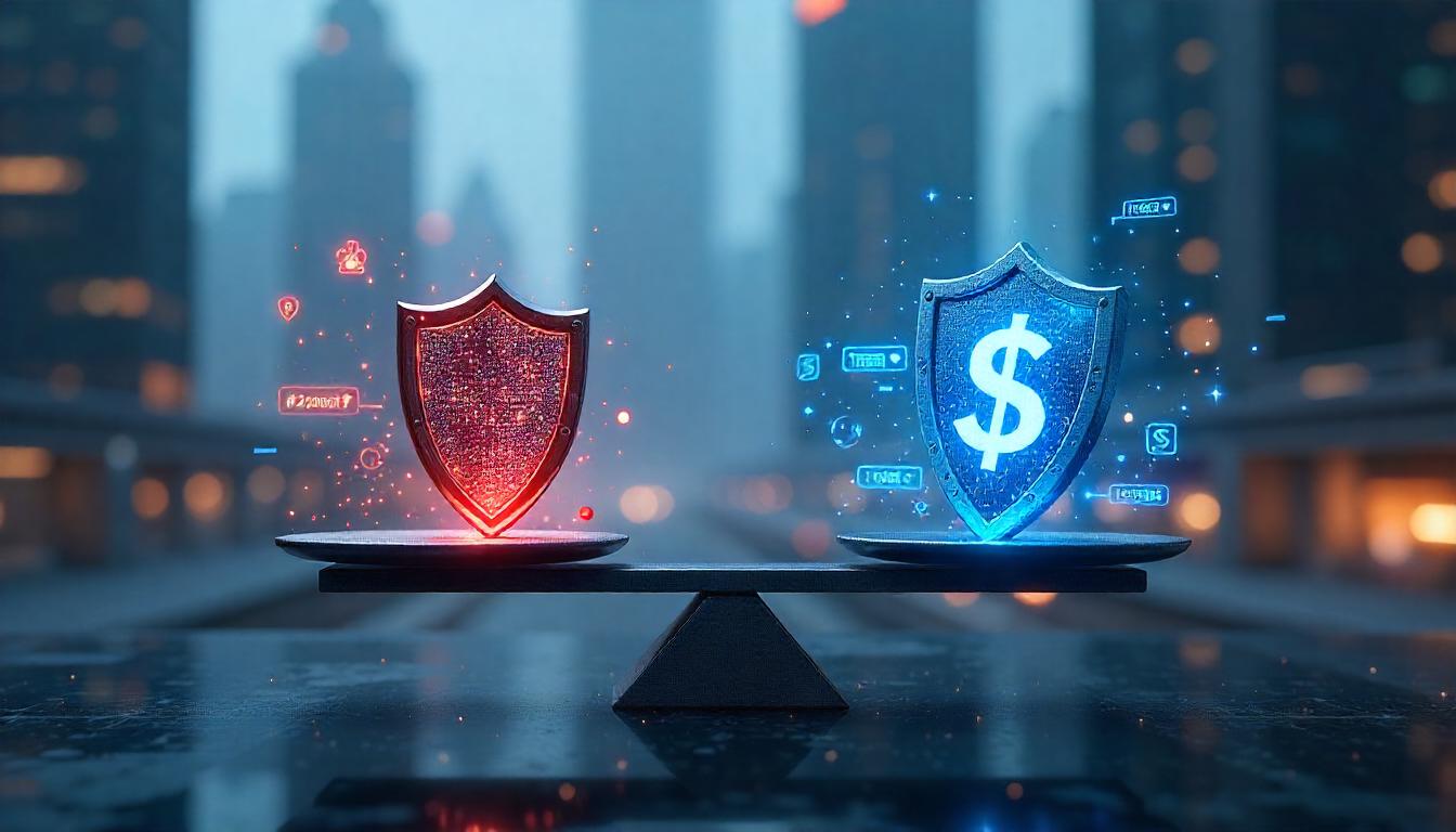 This visually captivating scene, featuring the juxtaposition of the bold, illuminated security shield and the sleek, digital currency icon, underscores the benefits of cost effective security scaling. The scales' equilibrium symbolizes the MSSP's ability to provide organizations with robust, customized security solutions without overburdening their budgets, allowing them to focus resources on core business objectives.