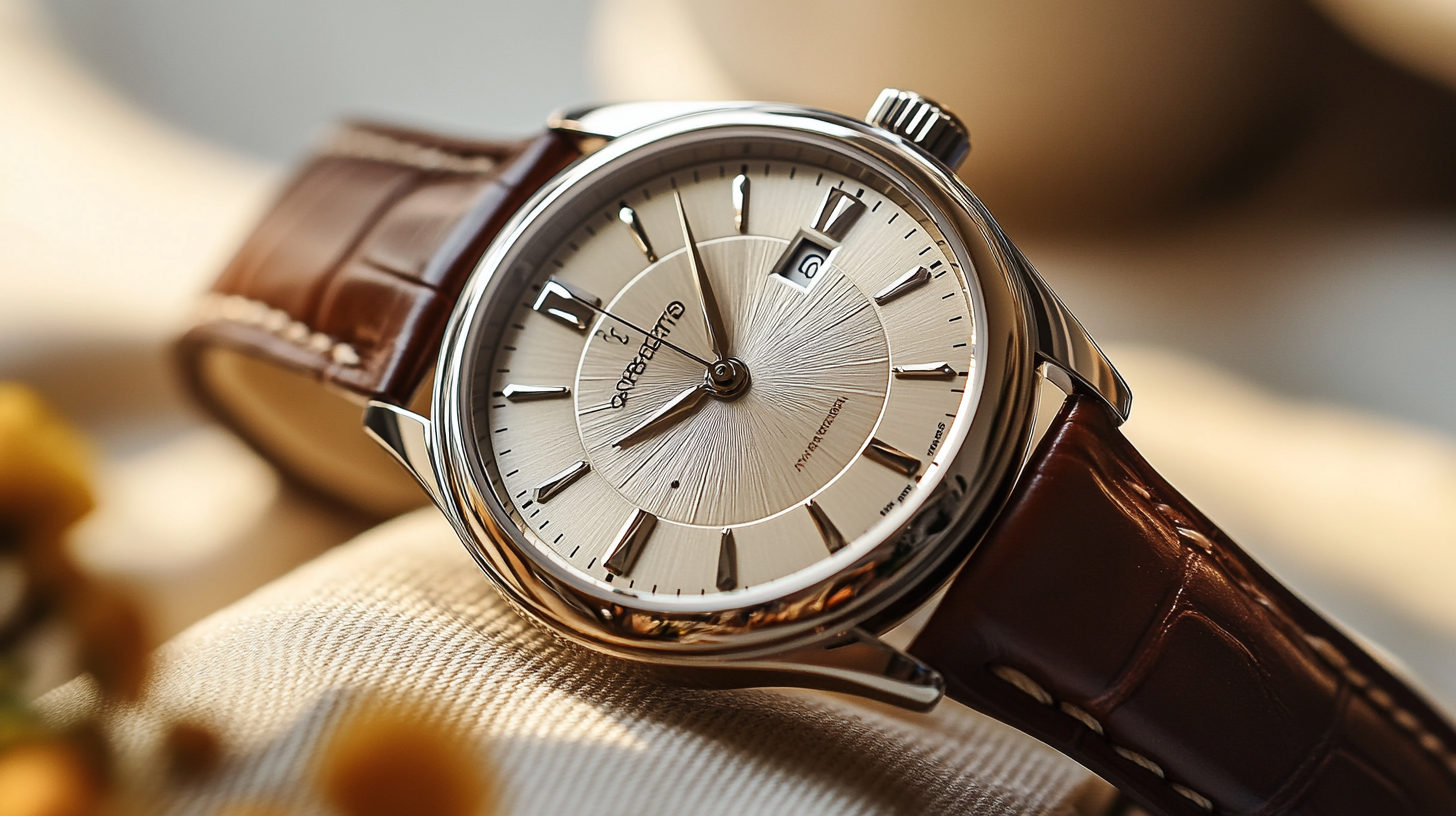 A luxury wristwatch with a brown leather strap and a sleek silver dial, positioned elegantly with soft lighting. The details of the watch face are crisp and clear, against a neutral, softly blurred background. 