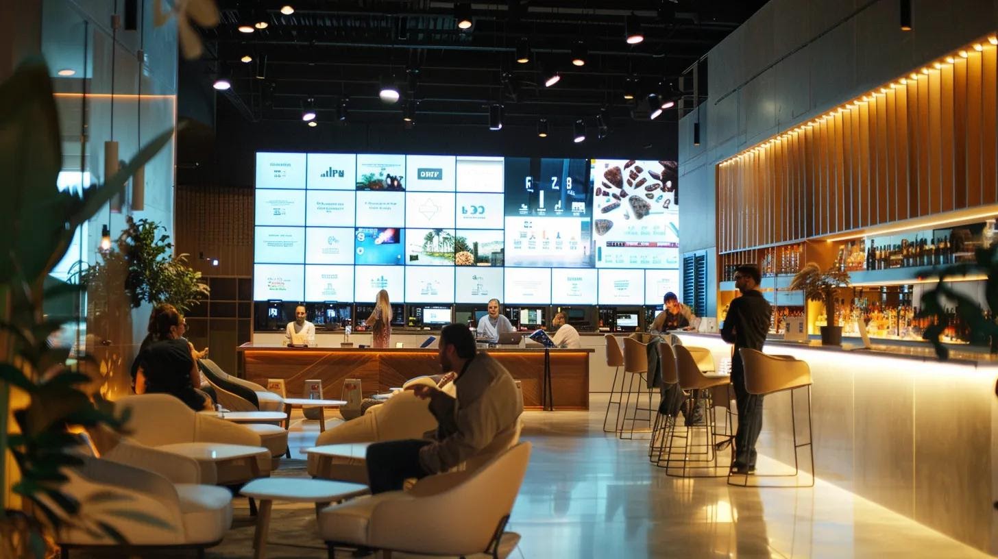a sleek, modern office space filled with dynamic professionals engaged in lively discussions, surrounded by large screens displaying analytical data and keyword graphs related to the playas del coco audience.
