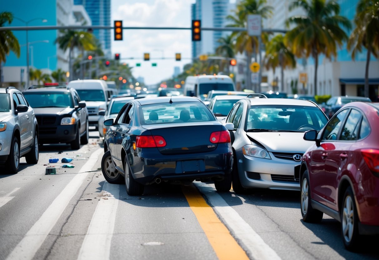 A busy Miami street with various vehicles involved in a car accident, showing common causes such as distracted driving, speeding, and failure to yield