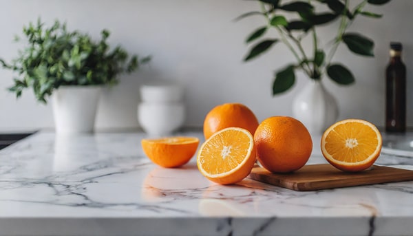 Fresh oranges, some whole and some cut in half on a kitchen counter with a clean, modern background
