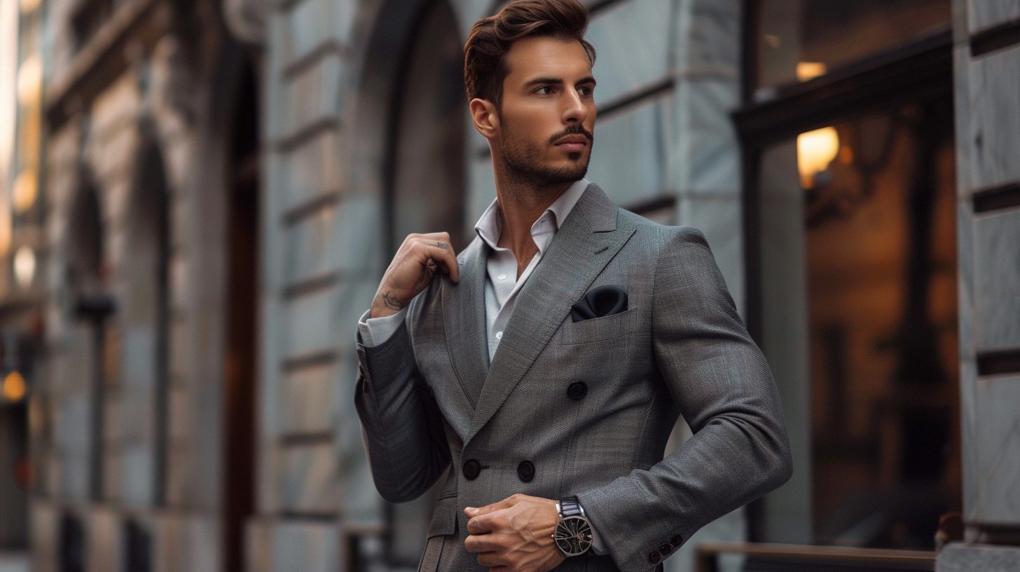 Man wearing a double-breasted suit with two columns of buttons and a structured front, sharp pose in a high-end urban or fashion-forward setting, bold and confident look