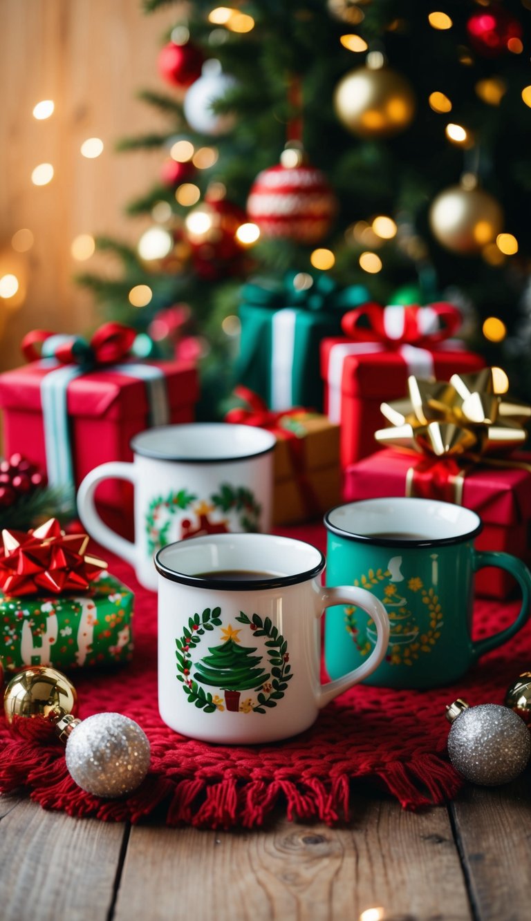 A cozy holiday-themed table with hand-painted mugs, surrounded by festive decorations and wrapped gifts