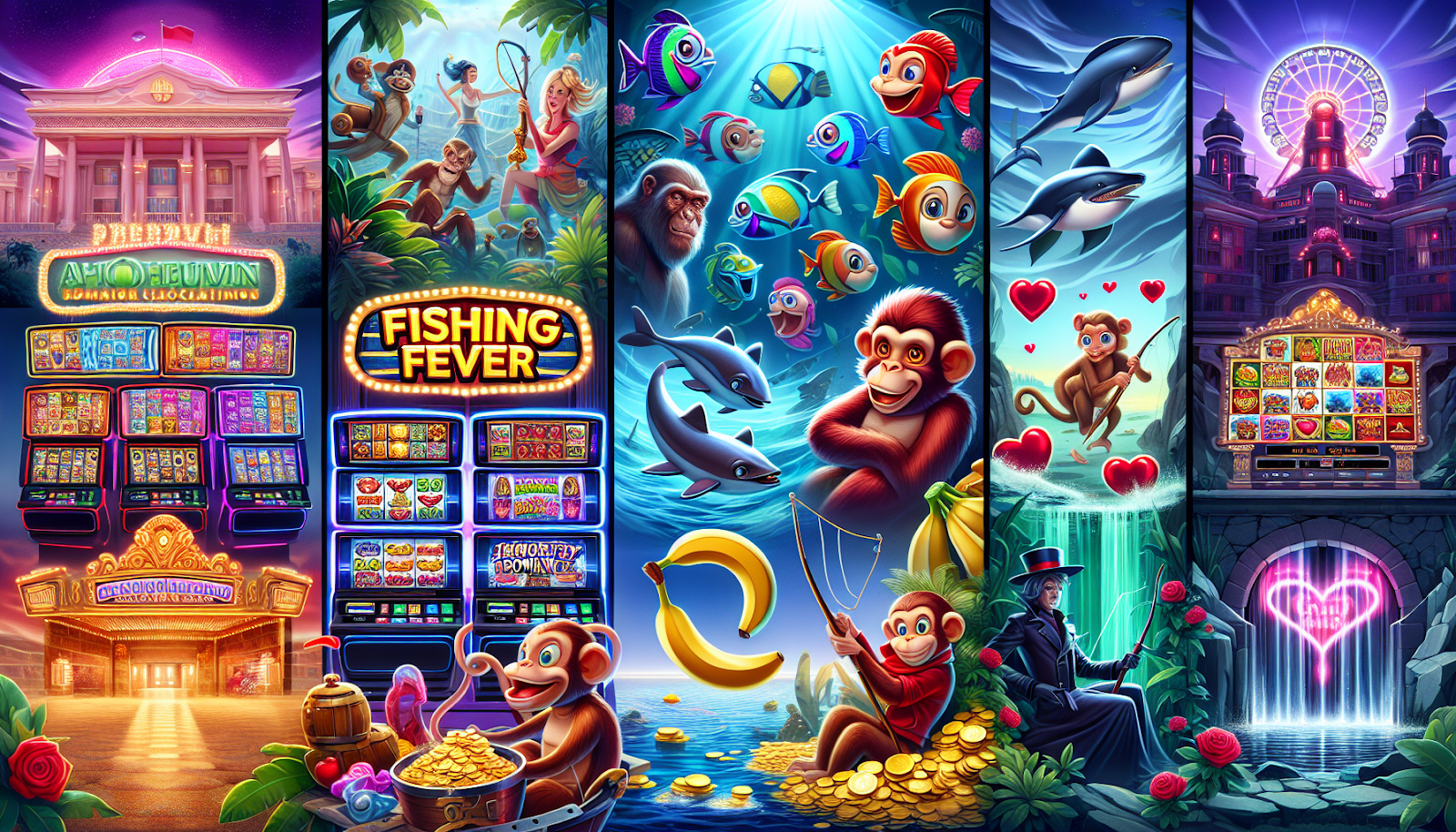 Colorful illustration of various slot machine games