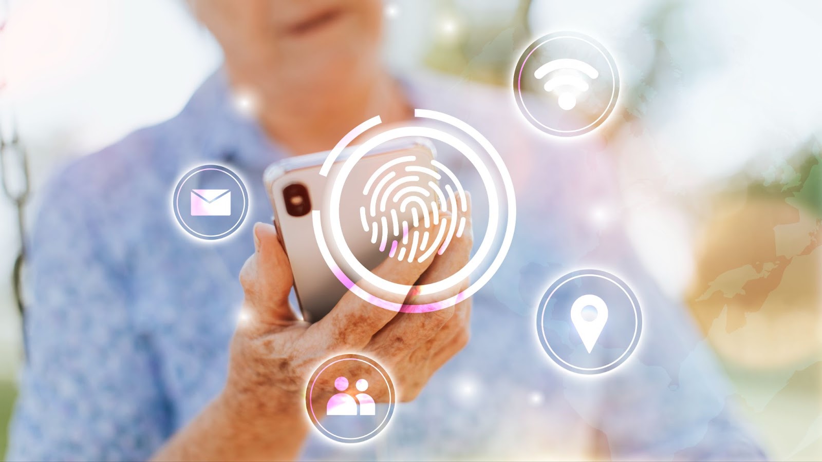 Senior woman using smartphone with virtual interface icons