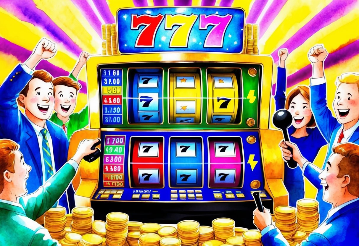 Bright, colorful 777 slot machine surrounded by flashing lights and coins. Excited players cheering as they pull the lever and watch the reels spin