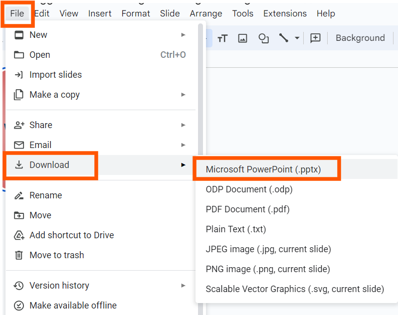 File > Download > Microsoft PowerPoint Option in Google Slides.