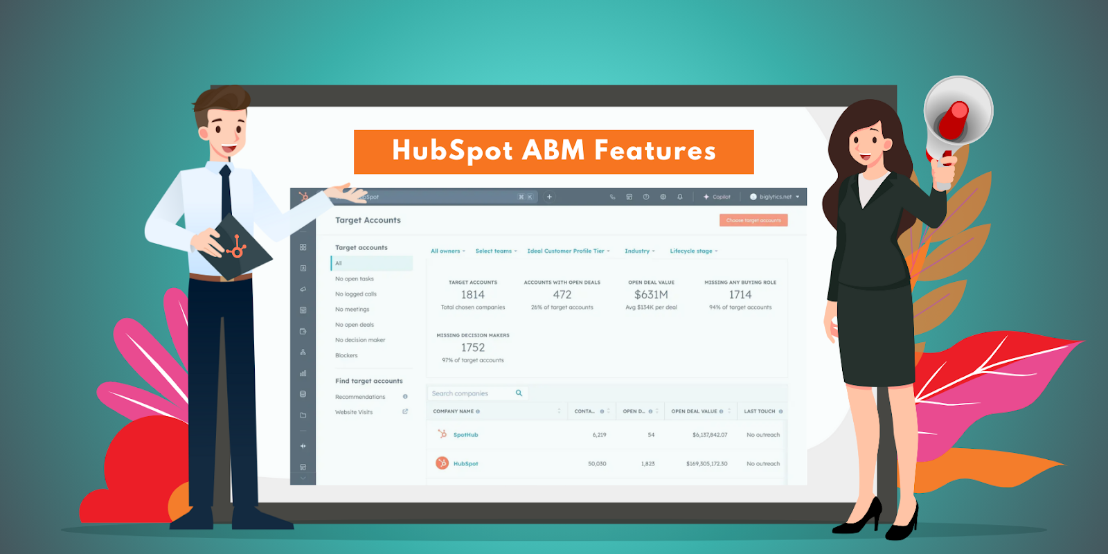 Two business professionals discussing account-based marketing features in HubSpot while analyzing data on a large screen.