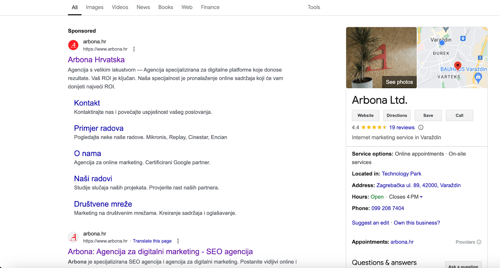 Arbonin Google Business Profile s ključnim poslovnim informacijama