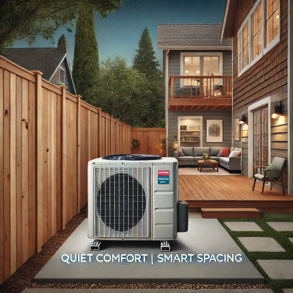 Mini-split condenser with sound fence and vibration pads, placed 10 feet from windows and patio for quiet backyard operation.