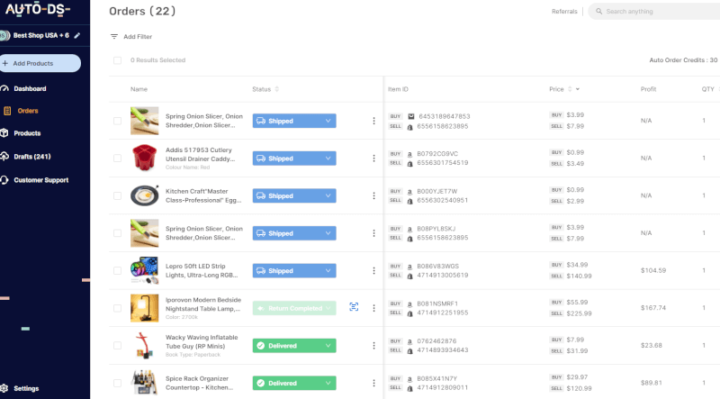 display on orders pages