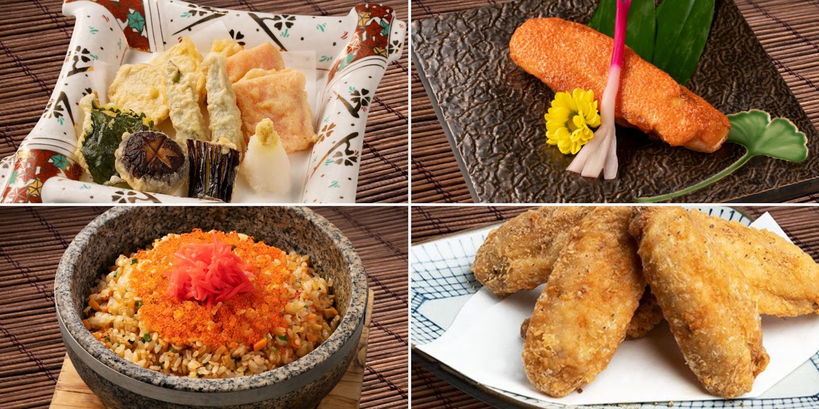 Tempura rau, Cá sugi mentaiyaki, Cơm chiên cá hồi trứng cua, Cánh gà chiên kiểu Nhật,