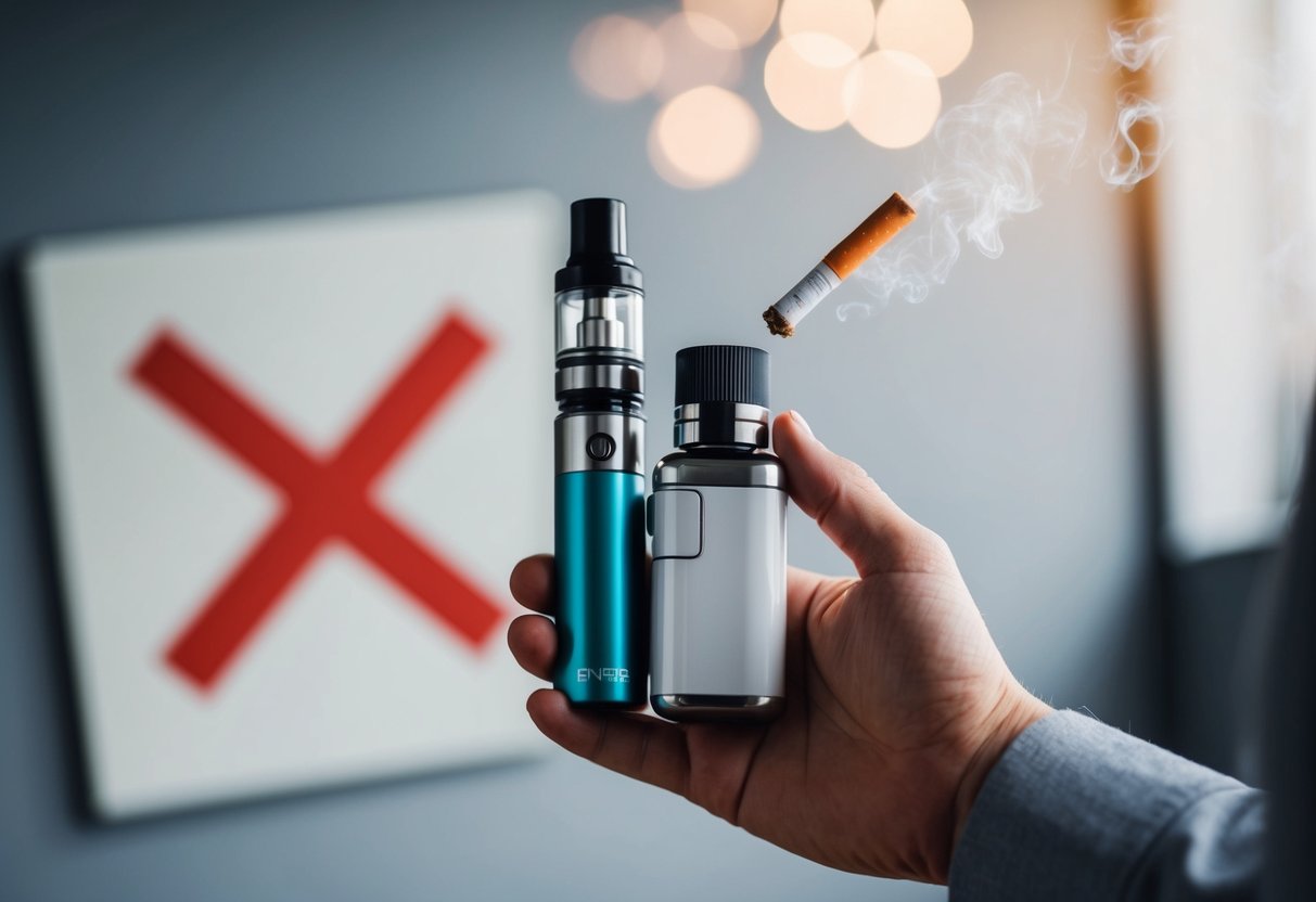 A hand holding a pill bottle and a vape device, with a crossed-out cigarette in the background