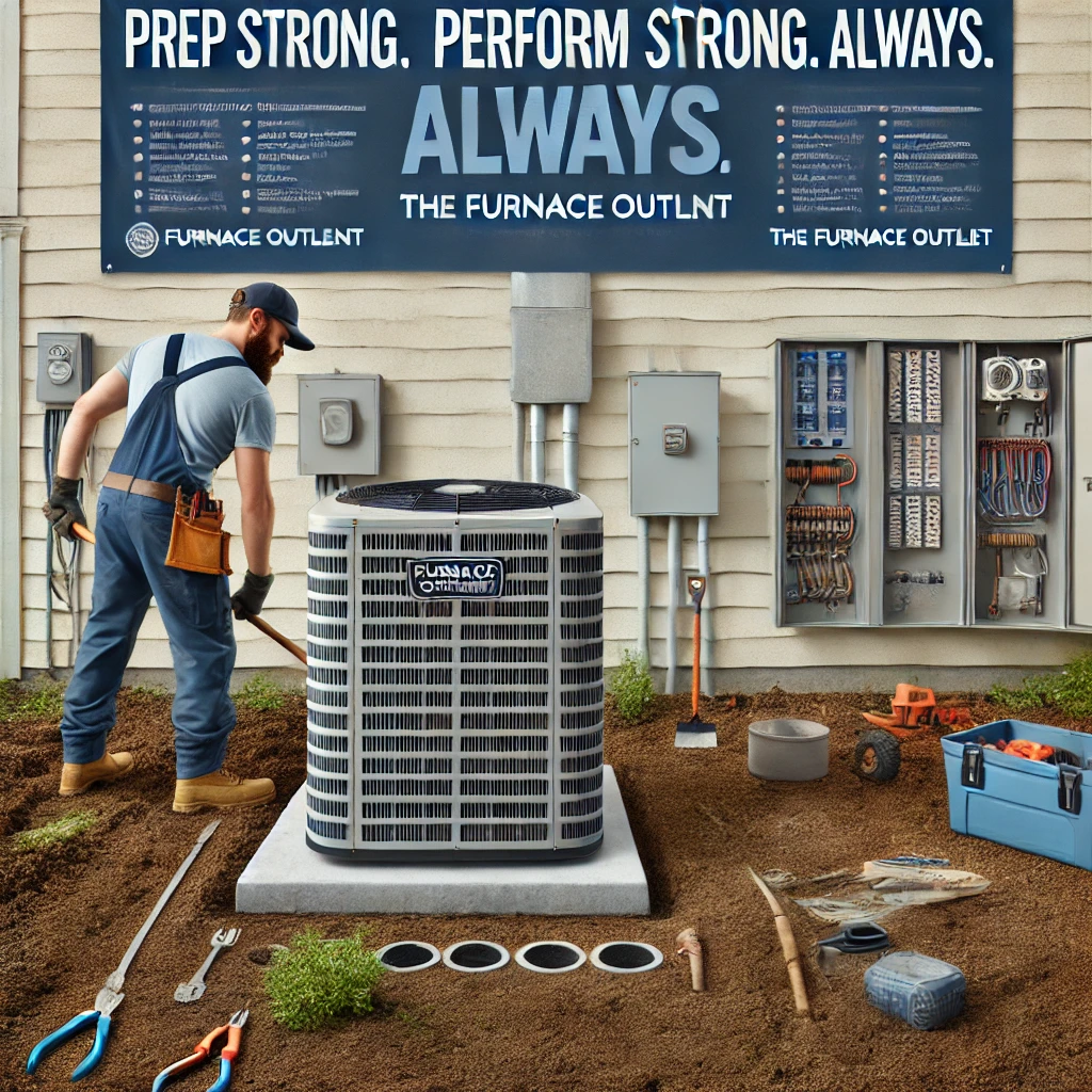 A professional HVAC technician clears an outdoor area for condenser pad installation, with leveled soil and an open electrical panel visible, featuring the message “Prep Strong. Perform Strong. Always.” and The Furnace Outlet branding.