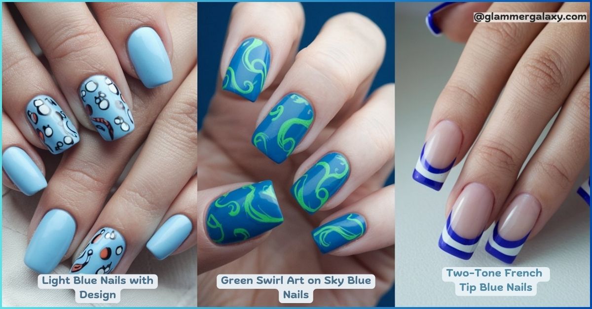 A collage of three images featuring different blue nail designs: light blue nails with a design, sky blue nails with green swirl art, and two-tone French tip blue nails.