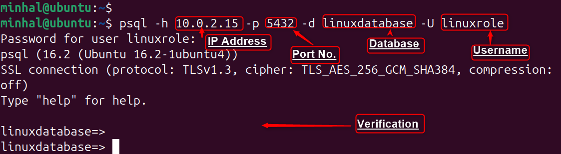psql -h 10.0.2.15 -p 5432 -d linuxdatabase -U linuxrole