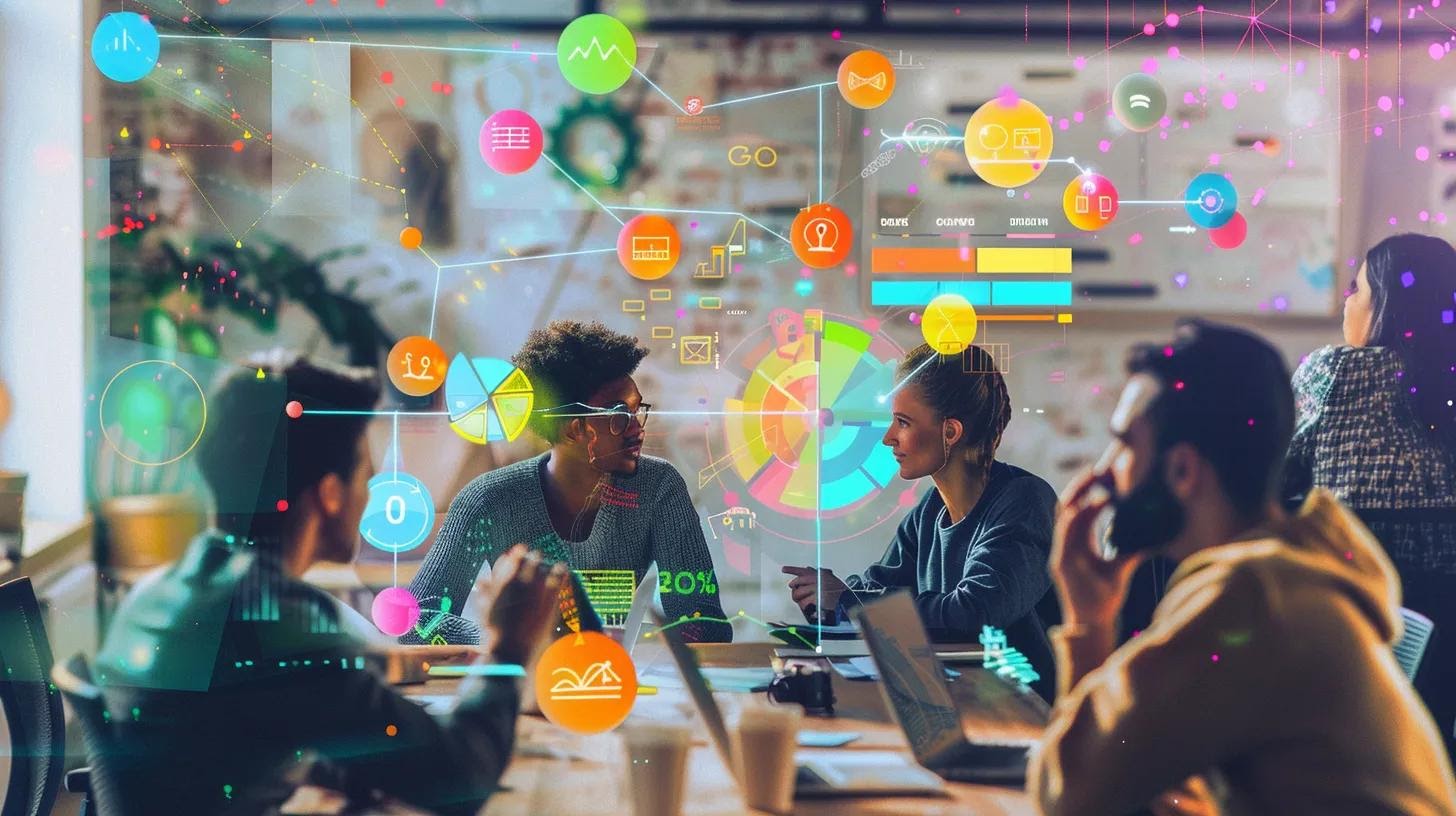 a visually dynamic office setting showcases a diverse team engaging in a spirited discussion around a digital display featuring colorful graphs and icons representing react, angular, and vue, symbolizing the comparative analysis of front-end technologies.