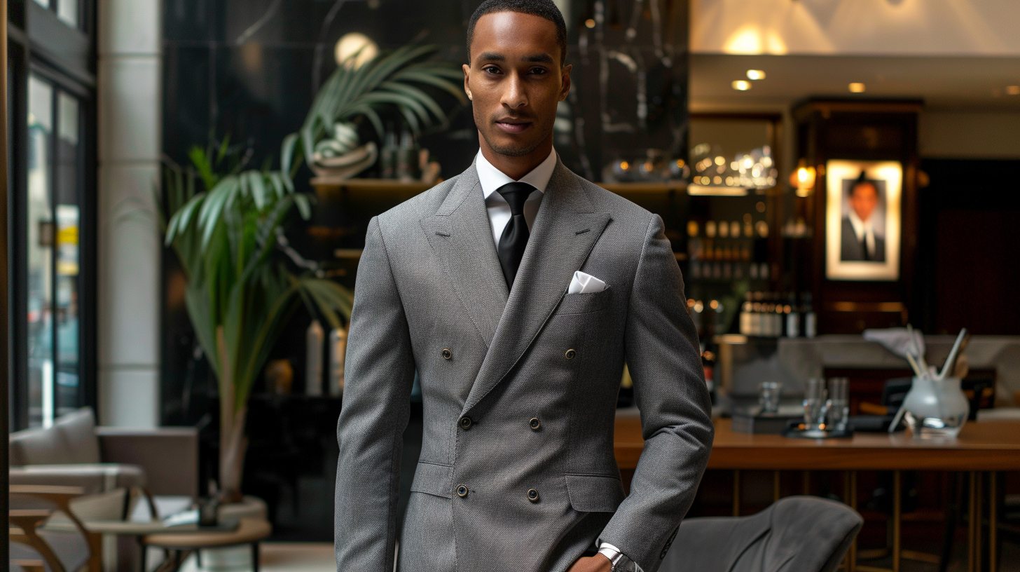 Man in a double-breasted suit with two rows of buttons and a structured silhouette, standing in a stylish indoor setting, ideal for formal or high-fashion contexts.