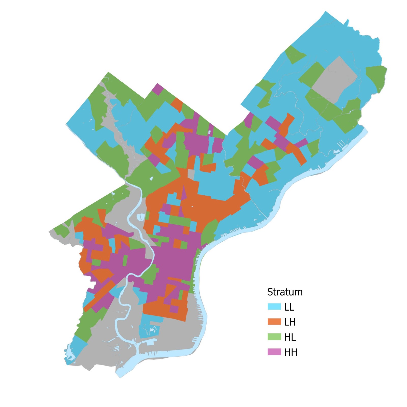 Map of Philadelphia's high and low transit street network overlaid with count stations symbolized by either their categorization as High Transit and Low Transit.