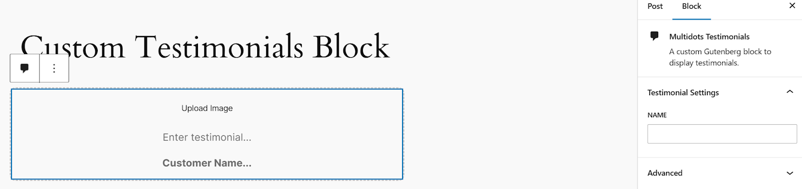 The custom testimonials block as it appears in the block editor.