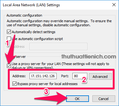 Check Use a proxy server for your LAN... and Bypass proxy server for local addresses then enter Proxy IP (Address) and proxy Port then press OK button