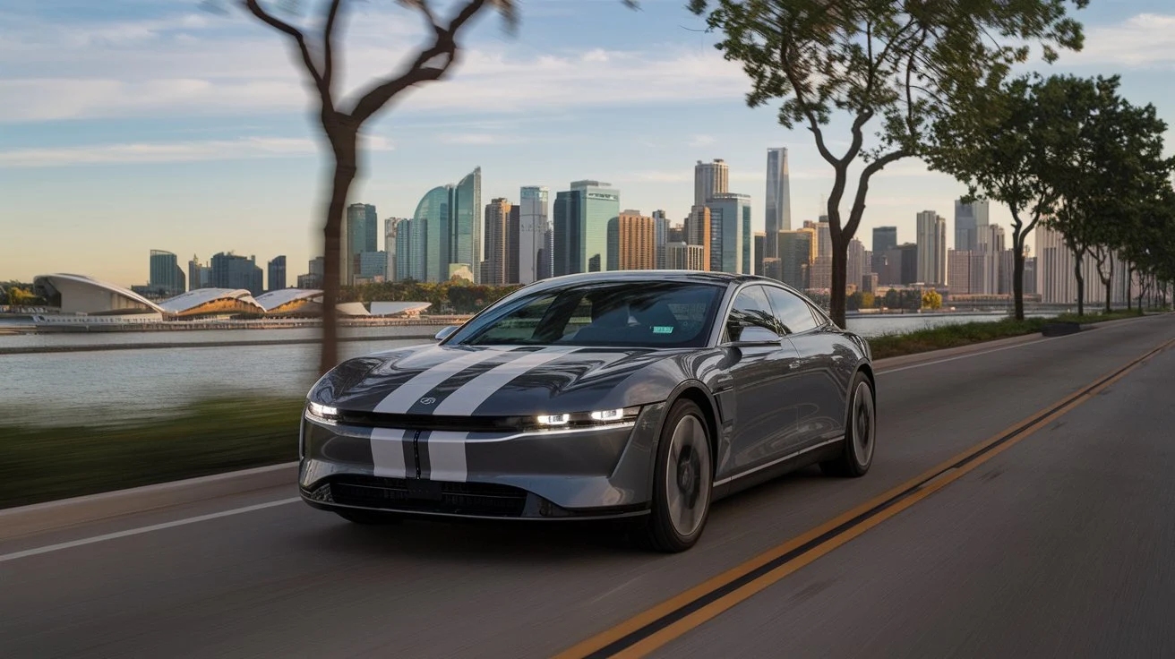 A sleek electric car driving on a road with a city skyline in the distance.