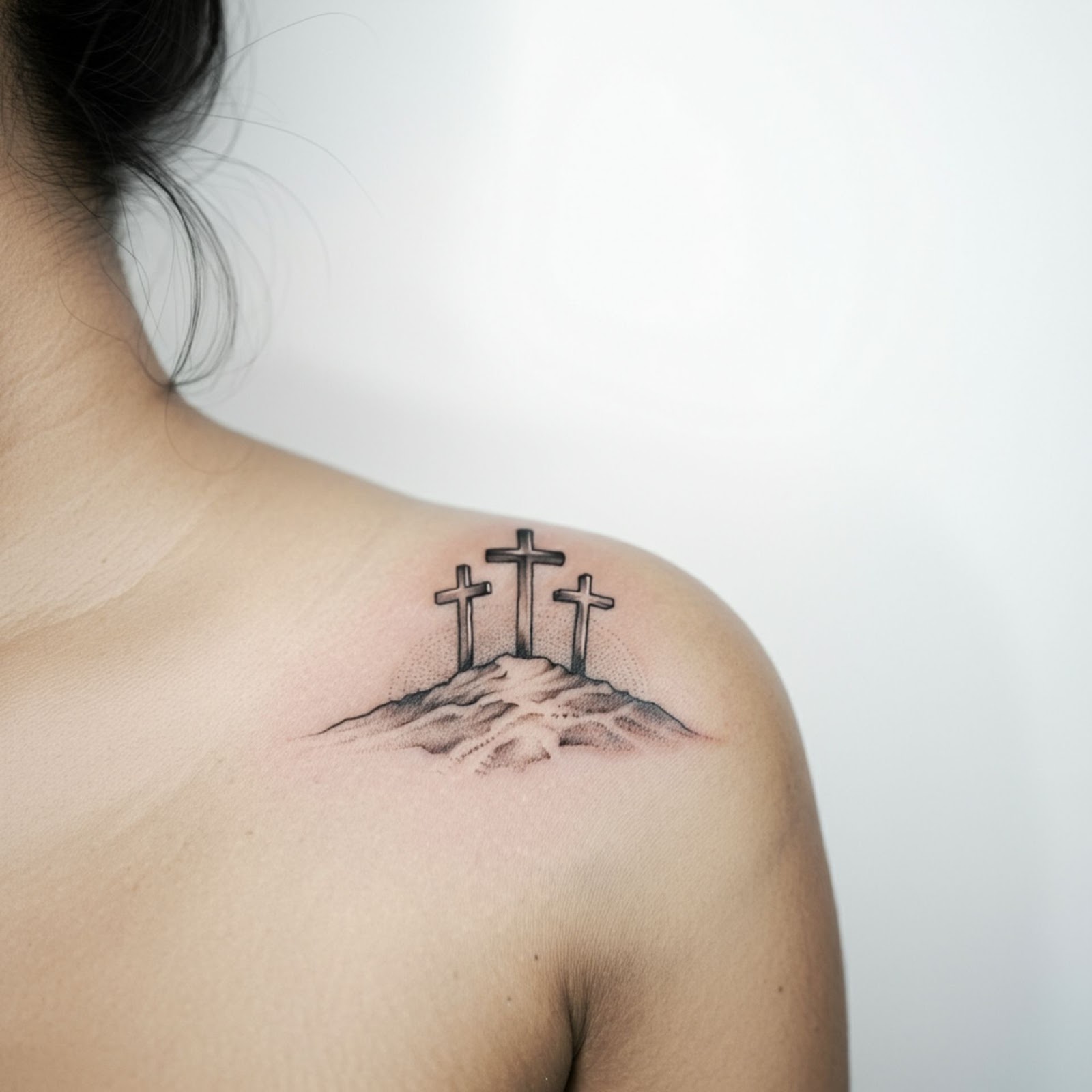 Three Crosses on a Hill in Black and Grey Tattoo