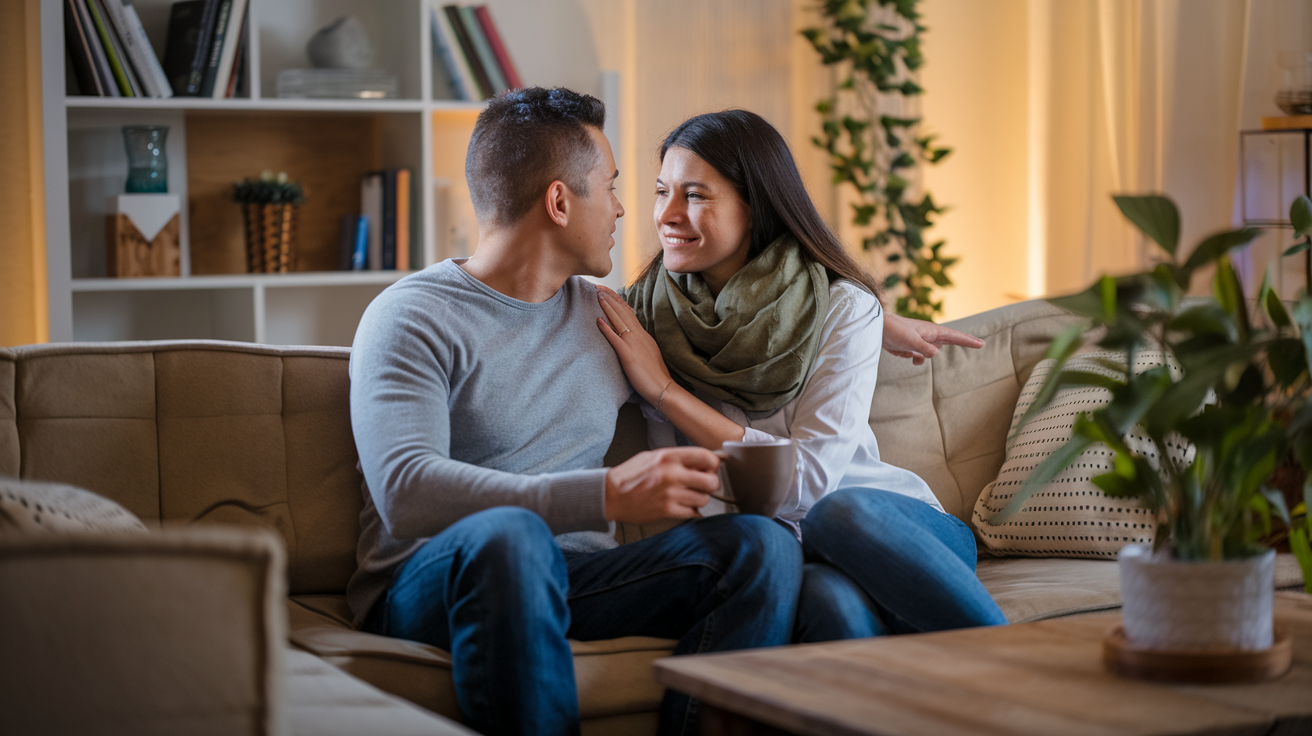 Create a realistic image of a diverse couple (black female and white male) sitting on a couch having an intimate conversation, with warm, soft lighting creating a comfortable atmosphere, their body language showing attentiveness and emotional connection, subtle visual elements like coffee mugs on a table suggesting a deep discussion about their relationship needs and expectations.