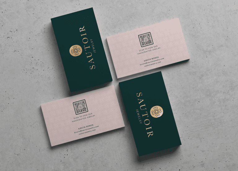 An example of a jewelry brand business card that features a QR Code on the back of the card