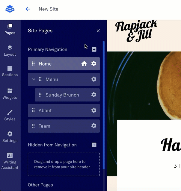 Leadpages interface with drag-and-drop functionality for designing