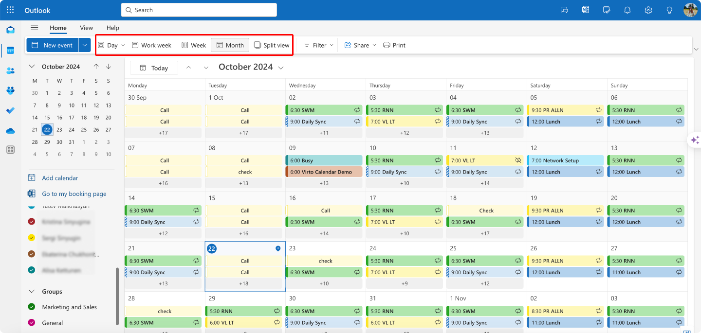 Switching between different views in Outlook for the web