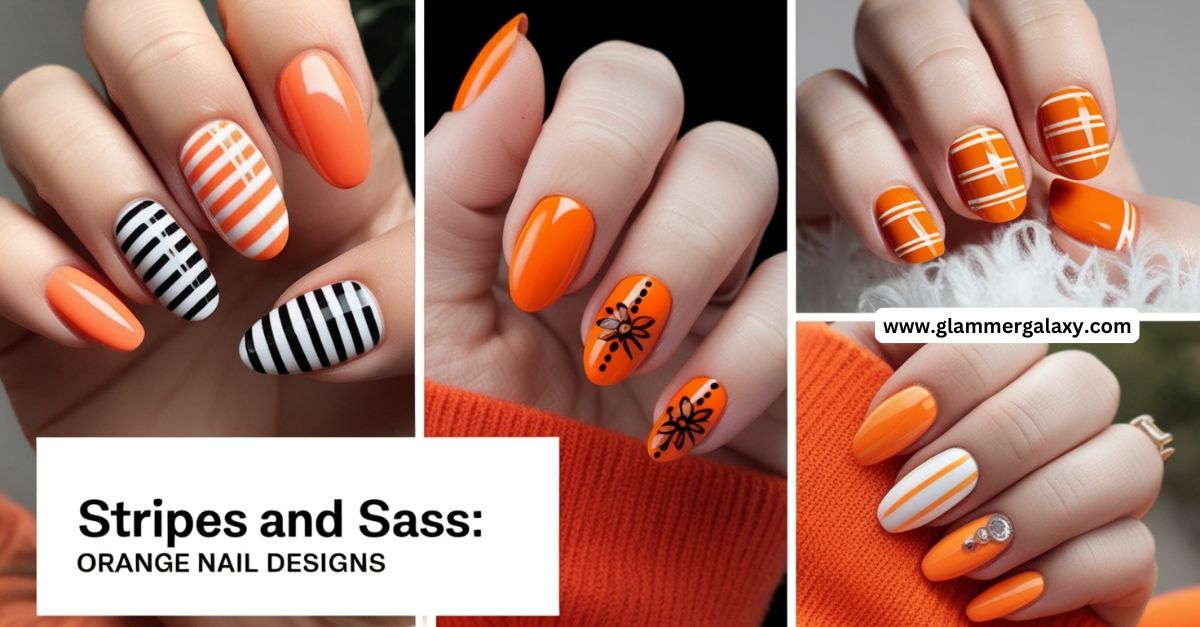 4 Orange nail designs with Stripes and SAAS